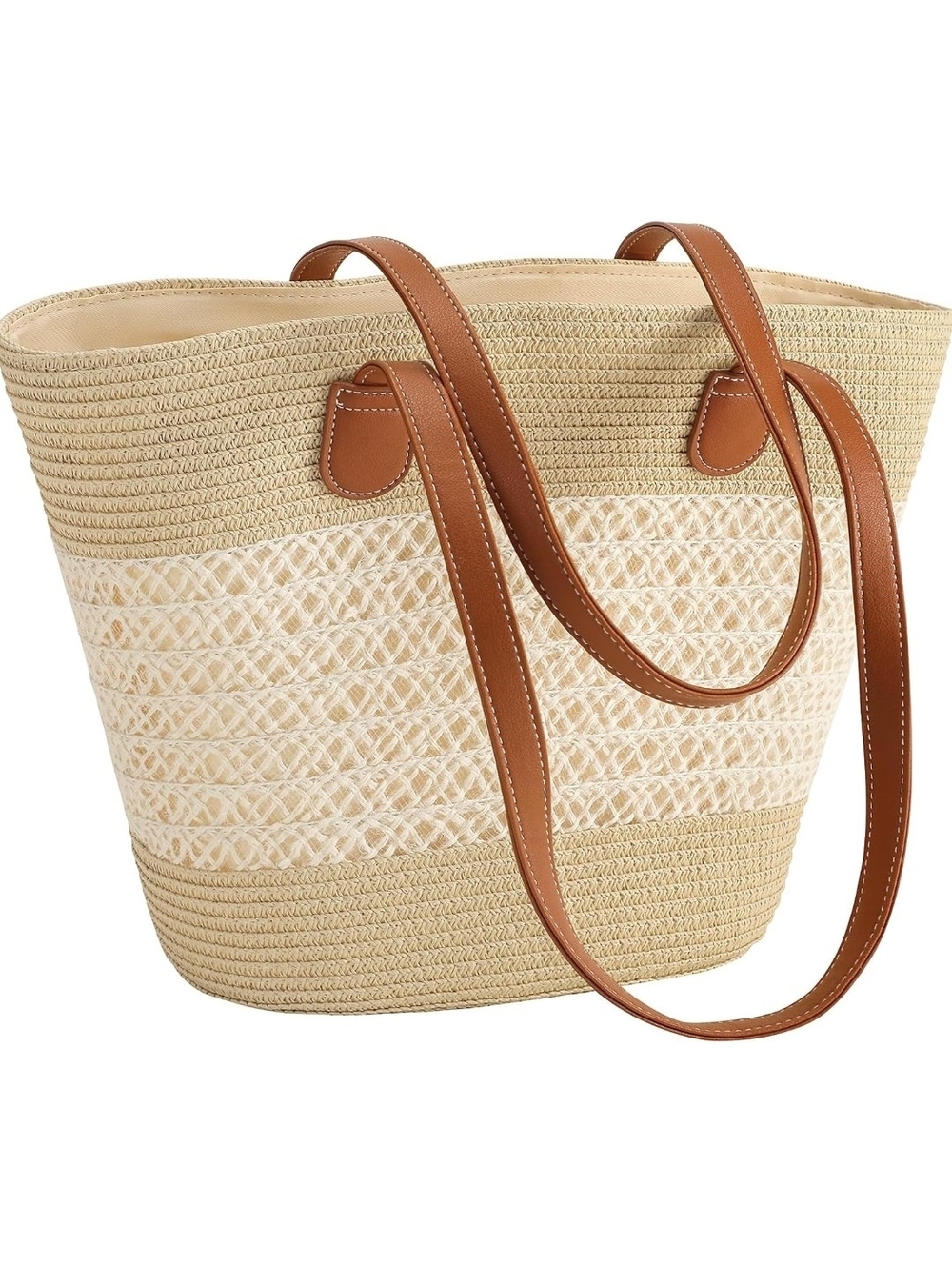 Woven Straw Tote Bag with Tan Leather Straps